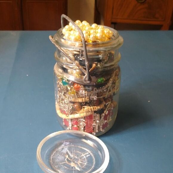 Vintage Atlas Pint Jewelry Jar with Beads and Chains - Picture 1 of 5